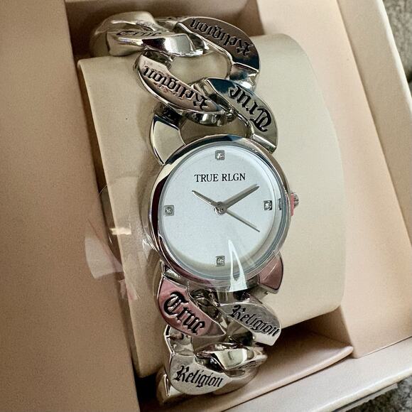 NEW TRUE RELIGION Chunky Braided Watch Bracelet Engraved Logo Silver DENIM BOX main image 15